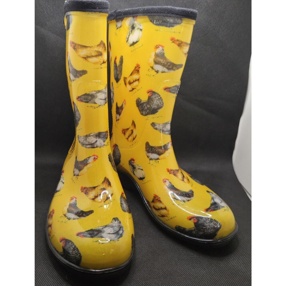 KPRM Yellow Chicken Hens Rain Gardening Boots Size 8 Mid Calf Waterproof - Picture 3 of 9